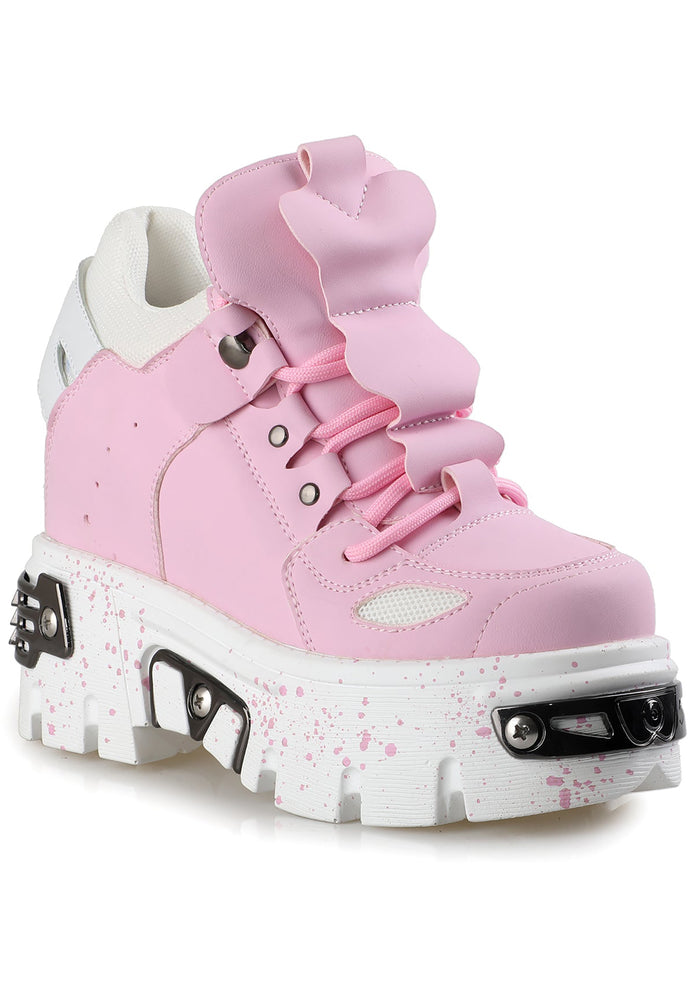 Clean profile studio shot of Anthony Wang GUAVA 02 Momo Love Pink platform sneakers highlighting the aggressive traction block patterns on the 4.5-inch white wedge sole