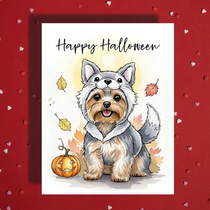 Halloween Yorkie Card Wolf Costume Yorkshire Terrier Pumpkin Fall Greeting