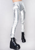 Hot & Delicious High Frequency Silver Hologram Drawstring Pants in silver with hologram poly-blend material on rave bottoms — side view