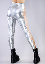 Hot & Delicious Intergalactic Metallic Lace Up Leggings in silver — model back view