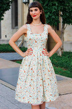 Amanda Ivory Cream Flared Dress in Cat Floral Print