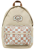 Doughnut Official Kaleido Series Plus One Mini Backpack in mushroom checked brown teal with motif checker print and flower charm zipper pull on festival backpack — front view
