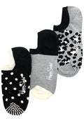 Happy Socks Ladies Leo 3 Pack Liner Socks in grey black with polka dot stripe and leopard print on festival socks — packaging view