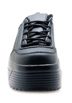 Front angled profile of the black LILY 5005 Next Level rave sneakers, showcasing the matte vegan leather finish and classic lace-up design.