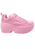 Side profile view of Berness LILY 5005 Sugar Pop pink platform sneakers, featuring a pastel pink vegan leather upper, classic lace-up closure, and a chunky 2-inch pink rubber platform sole.