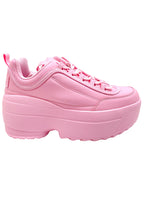 Side profile view of Berness LILY 5005 Sugar Pop pink platform sneakers, featuring a pastel pink vegan leather upper, classic lace-up closure, and a chunky 2-inch pink rubber platform sole.