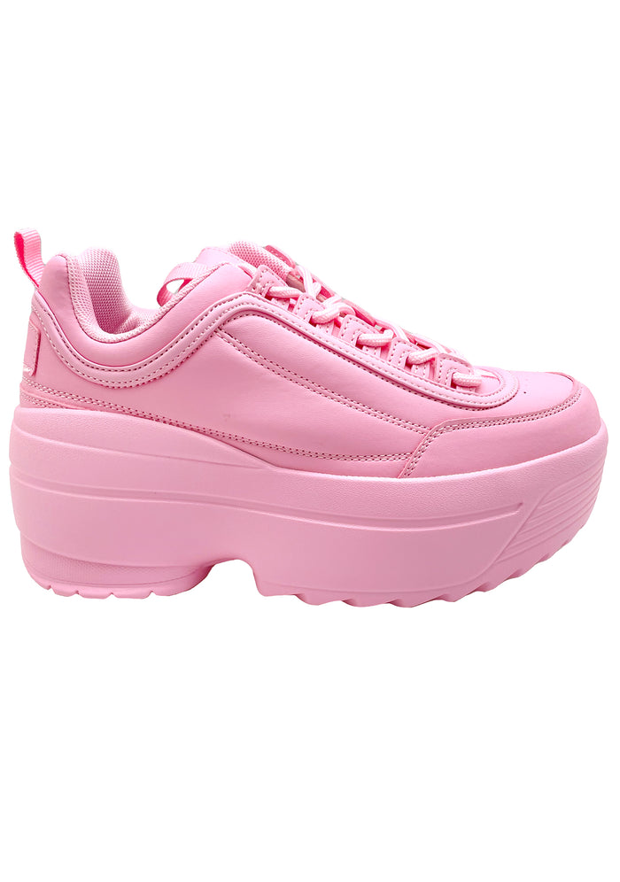 Side profile view of Berness LILY 5005 Sugar Pop pink platform sneakers, featuring a pastel pink vegan leather upper, classic lace-up closure, and a chunky 2-inch pink rubber platform sole.