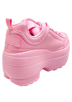 Close-up rear view of the Berness LILY 5005 Sugar Pop pink platform sneaker on-foot, detailing the structured back heel construction, clean tone-on-tone pastel pink stitching, and the substantial depth of the chunky platform rubber outsole.