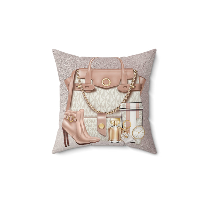 Luxury Handbag & Accessories Faux Suede Pillow — Chic Pink Fashion Decor