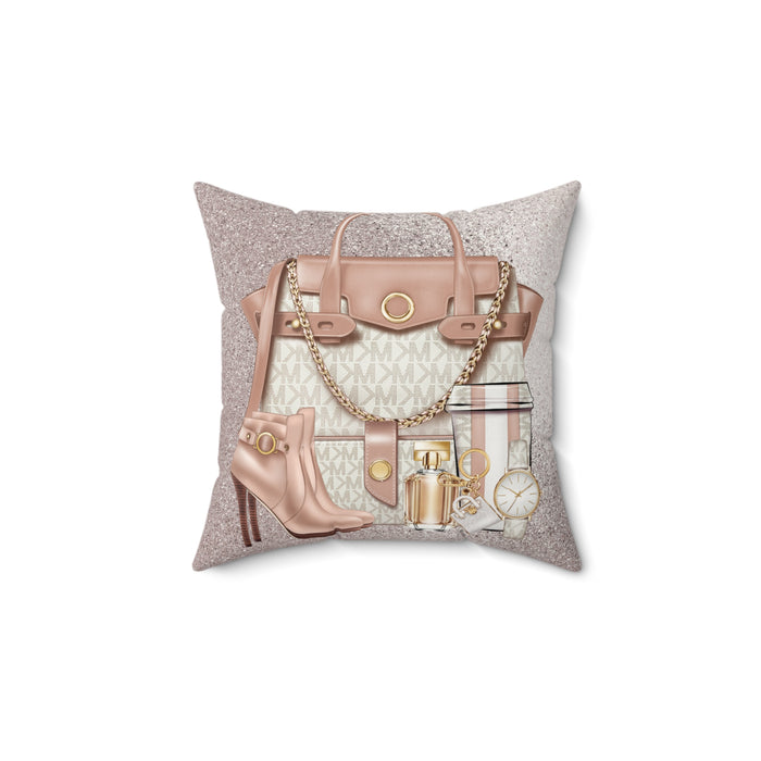 Luxury Handbag & Accessories Faux Suede Pillow — Chic Pink Fashion Decor