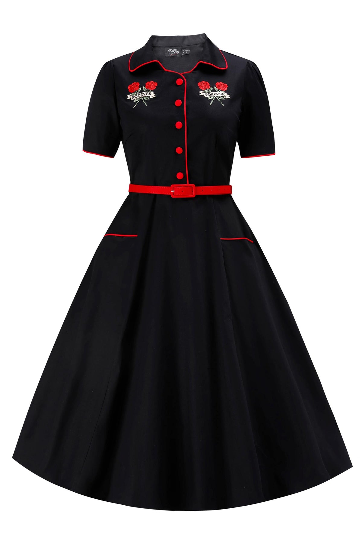 Mabel Rockabilly Shirt Dress With Rose Embroidery