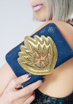 Loungefly X Marvel Guardians of the Galaxy 3 Ravager Badge Zip Wallet in navy red with Ravager badge applique on vegan leather fandom cute wallet — model view