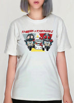 Masked Rider x Sanrio Hello Kitty Tee in white with Hello Kitty in Masked Rider costume crossover graphic — detail view