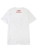 Masked Rider x Sanrio Hello Kitty Tee in white with Hello Kitty in Masked Rider costume crossover graphic — lifestyle view