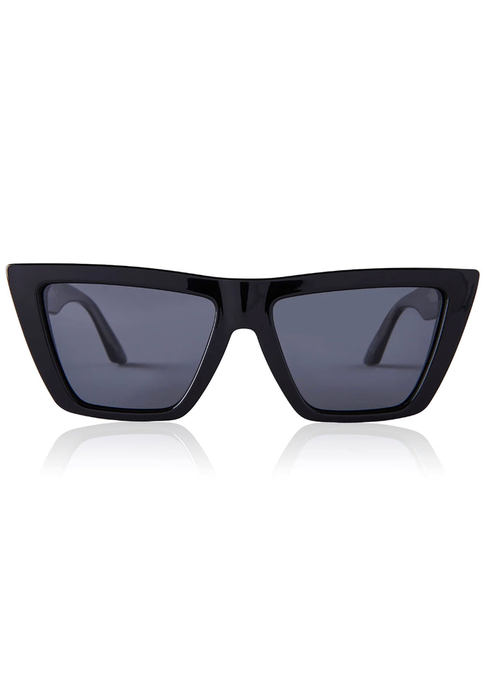 Dime Optics Melrose Polarized Sunglasses in black grey with cat-eye frame on rave festival sunglasses — front view