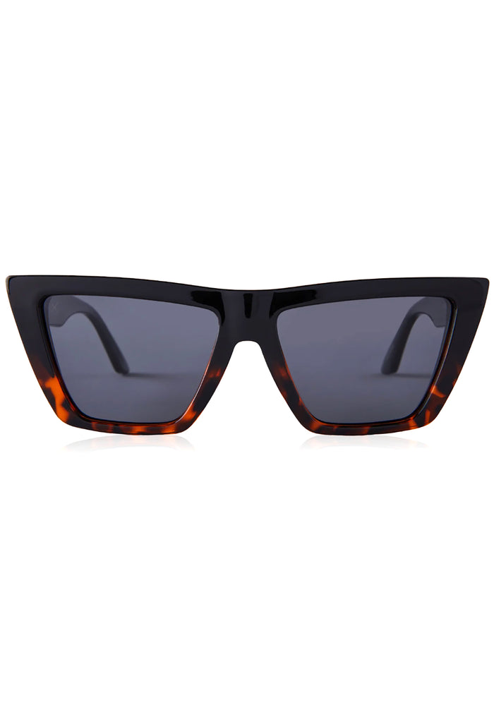 Dime Optics Melrose Polarized Sunglasses in black tortoise grey with cat-eye frame on rave festival sunglasses — front view