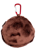 Sekiguchi Monchhichi-Kun Face Plush Carabiner Coin Pouch in brown with embroidered Monchhichi-Kun face on soft plush kawaii wristlet — back view