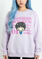 Neon Genesis Evangelion Lavender Shinji Ikari Chibi Pullover in lavender with chibi Shinji Ikari graphic on anime rave festival pullover — model view