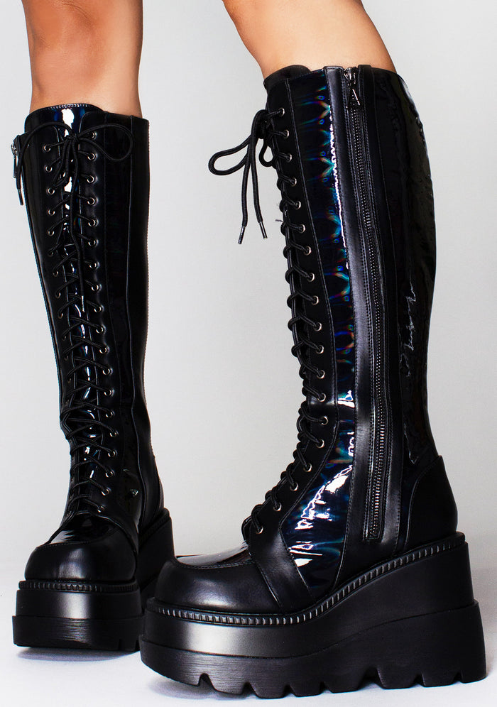 LASR Nightshade Hi Hologram Black Platform Boots — front view