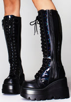 LASR Nightshade Hi Hologram Black Platform Boots — front view
