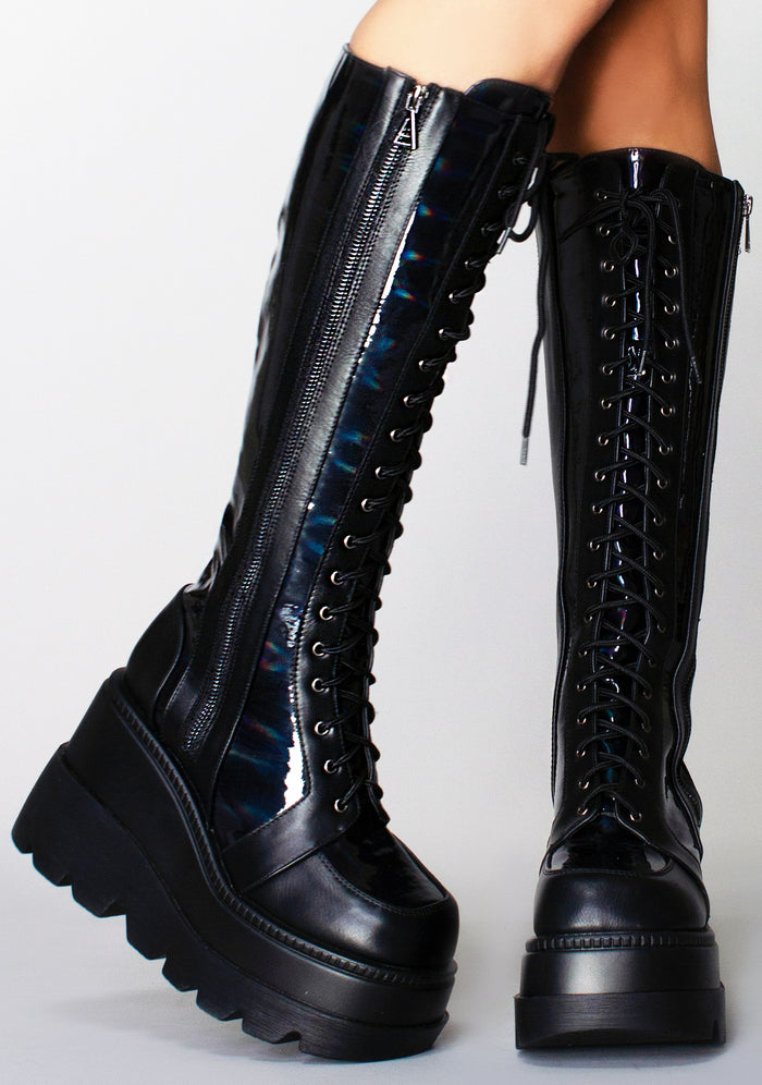 LASR Nightshade Hi Hologram Black Platform Boots — product view