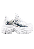 Berness NIKKI Circuit Ground Silver Platform Sneakers featuring metallic silver panels, white mesh inserts, and a chunky wavy platform sole.