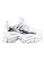 Berness NIKKI Circuit Ground Silver Platform Sneakers featuring metallic silver panels, white mesh inserts, and a chunky wavy platform sole.