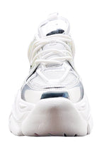 Front angle studio shot of Berness NIKKI Silver Platform Sneakers highlighting the lace-up closure and metallic toe box accents.