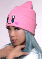 Bioworld Nintendo Kirby Big Face Embroidered Beanie in pink — model side view