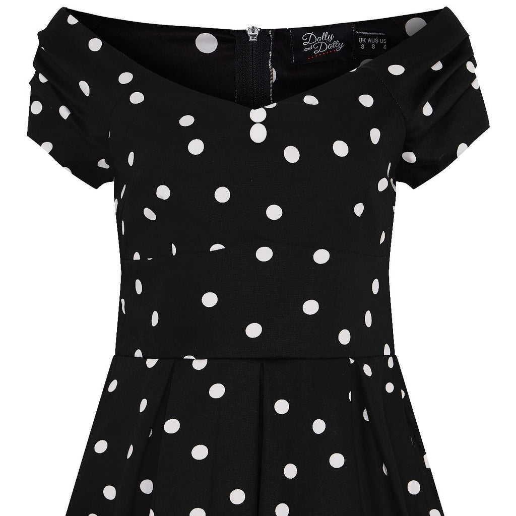 Lily Off Shoulder 50s Polka Dot Evening Dress in Black-White