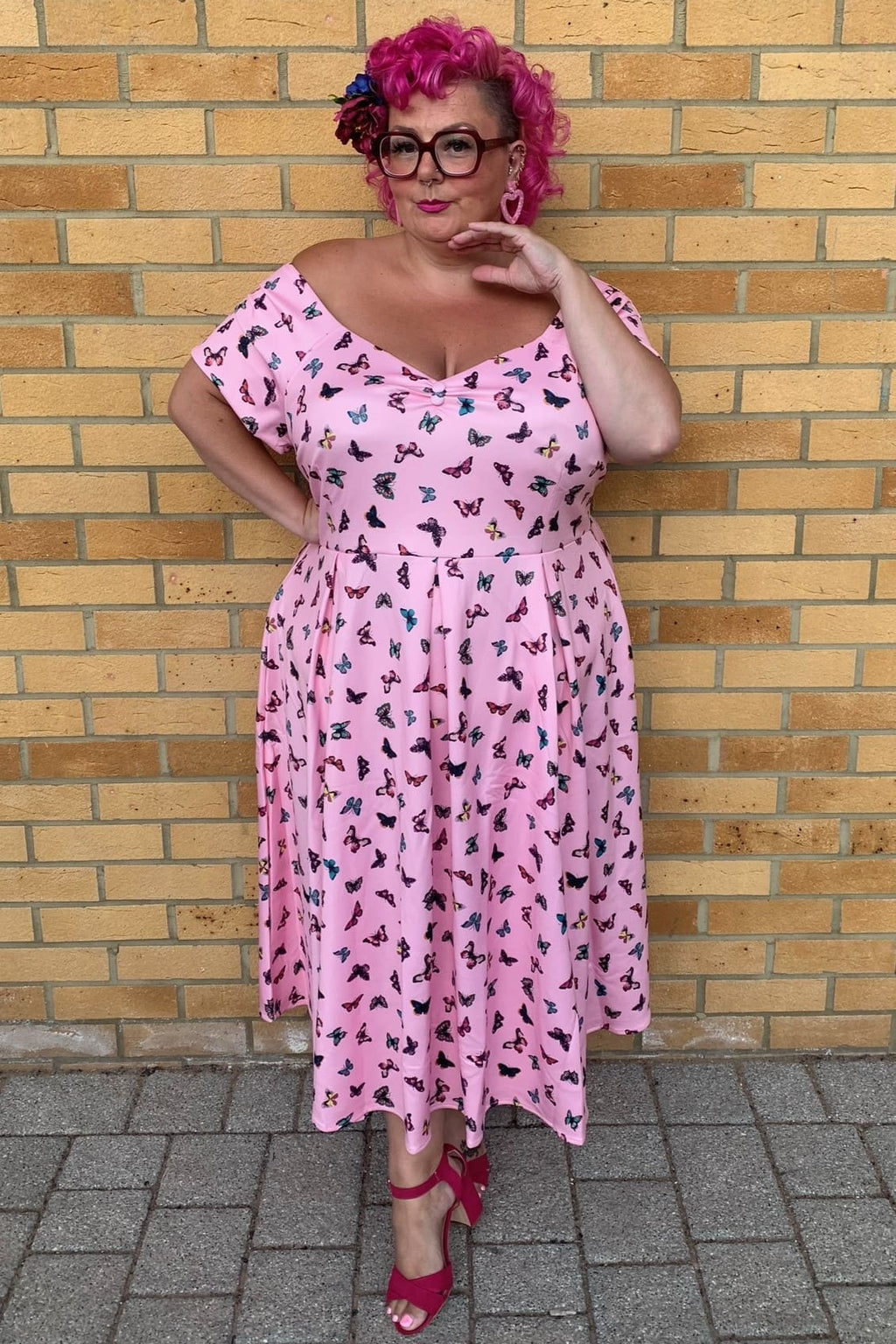 Lily Off Shoulder Pink Butterfly Swing Dress