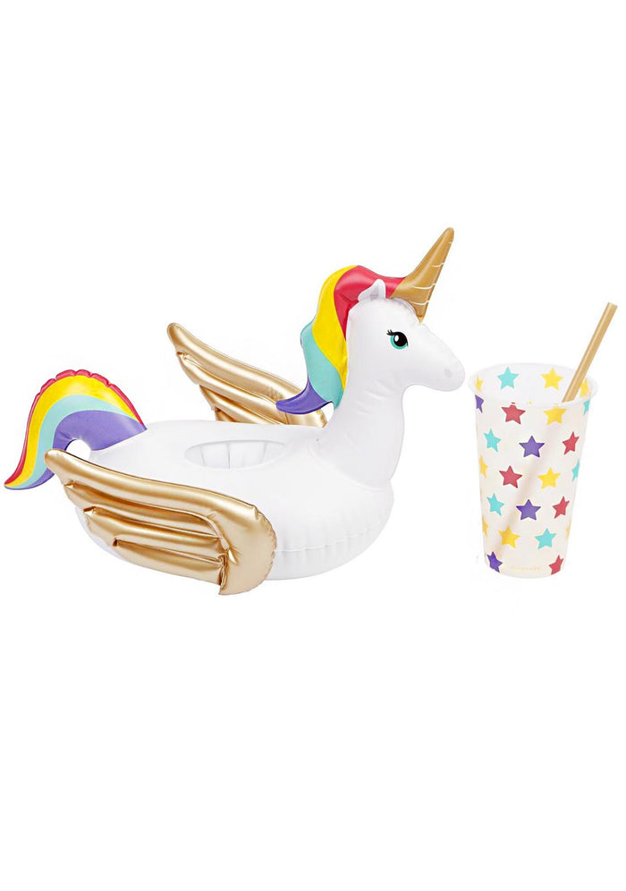 SunnyLife Party Wonderland Inflatable Drink Holders in white rainbow — model view