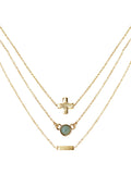 Charged Peace Amazonite Delicate Chain Necklace Set in gold with raw aqua amazonite stone on three 18k gold plated chain crystal festival necklace set — front view