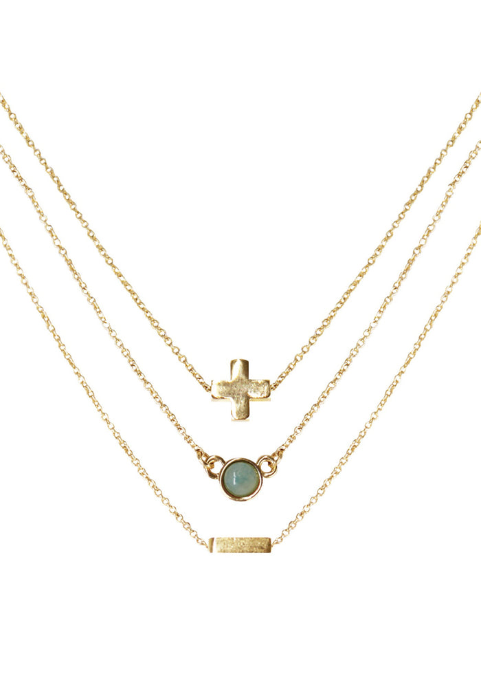 Charged Peace Amazonite Delicate Chain Necklace Set in gold with raw aqua amazonite stone on three 18k gold plated chain crystal festival necklace set — front view