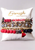 Erimish Peppermint Schnapps Bracelet Stack in red gold grey with sparkling beads on festival bracelet stack — front model view