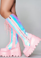 LASR Pink Poison Hi Pink Platform Boots — front view