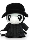 Sleepyville Critters Plague Doctor 3D Plush Backpack in white/black with plush Plague Doctor face design and top handle on rave festival backpack — front view
