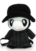 Sleepyville Critters Plague Doctor 3D Plush Backpack in white/black with plush Plague Doctor face design and top handle on rave festival backpack — front view
