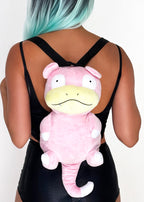 Pokemon Slowpoke Plush Backpack in pink with 3D shaped Slowpoke plush on soft velboa fabric — detail view