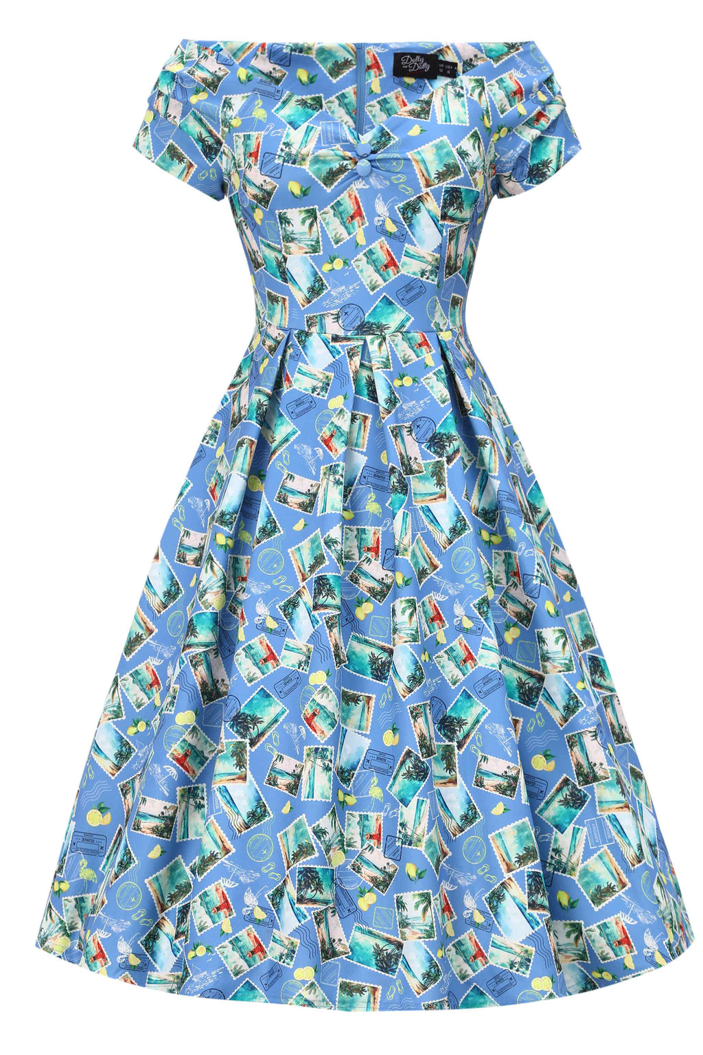 Lily Postage Stamp Off Shoulder Dress In Blue