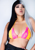 Hot & Delicious Rave About Me Tulle Bra Top in pink orange with two-tone tulle stripe and bikini cup on festival top — model view