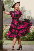 Darlene Retro Black-Pink Roses Swing Dress