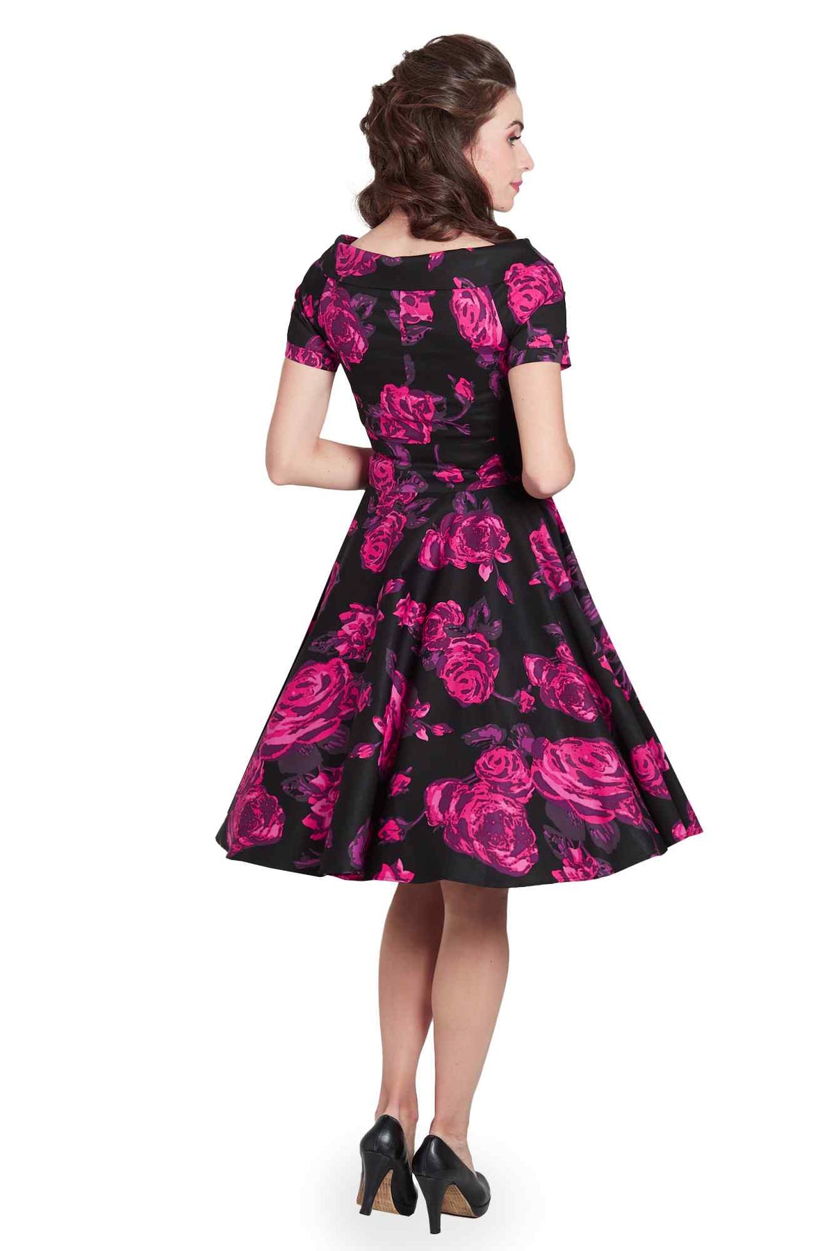 Darlene Retro Black-Pink Roses Swing Dress