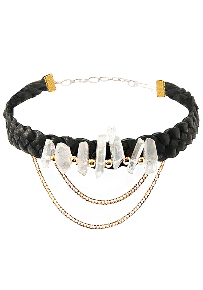Ettika Rich Traditions Crystal Choker in black with braided leather band and crystal shard details on festival necklace — front view