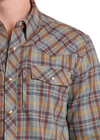 Rock & Roll Men's Brown Plaid Flannel Pearl Snap Long Sleeve Western Shirt BMN2S09471