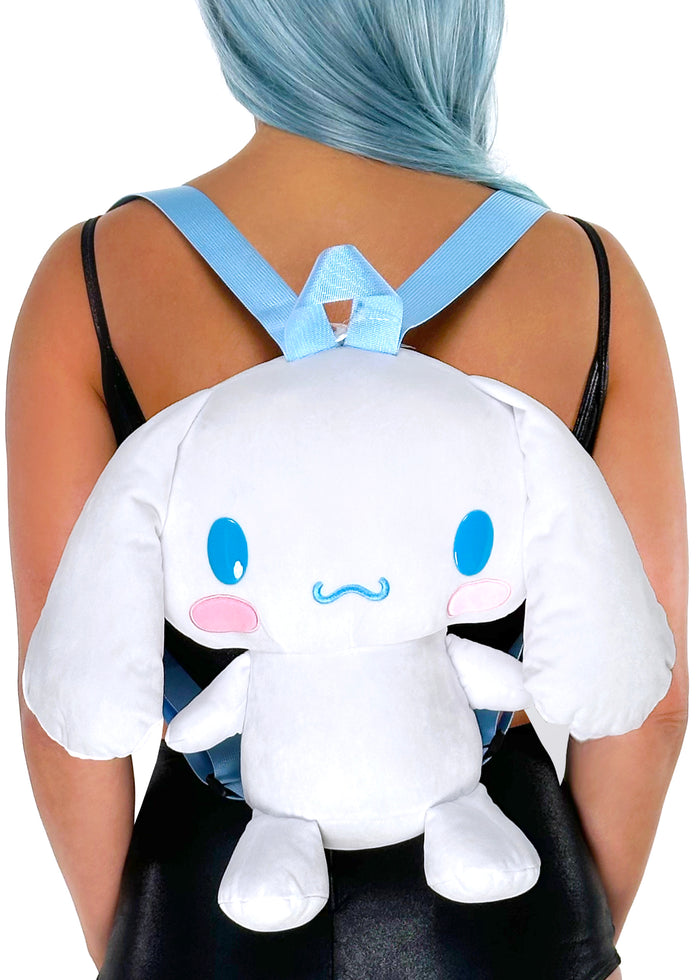 Sanrio Cinnamoroll 3D Plush Backpack in white with 3D shaped Cinnamoroll plush on kawaii rave festival backpack — model front view