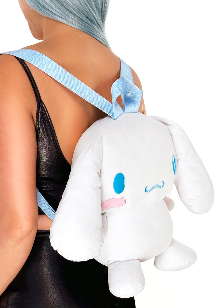 Sanrio Cinnamoroll 3D Plush Backpack in white with 3D shaped Cinnamoroll plush on kawaii rave festival backpack — model side view