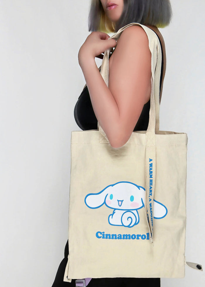 Sanrio Cinnamoroll Convertible Canvas Tote in multicolor with Cinnamoroll character print and convertible tote design — detail view