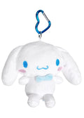 Sanrio Cinnamoroll Plush Mascot Carabiner Pouch in white with 3D Cinnamoroll plush on carabiner pouch festival accessory — front view
