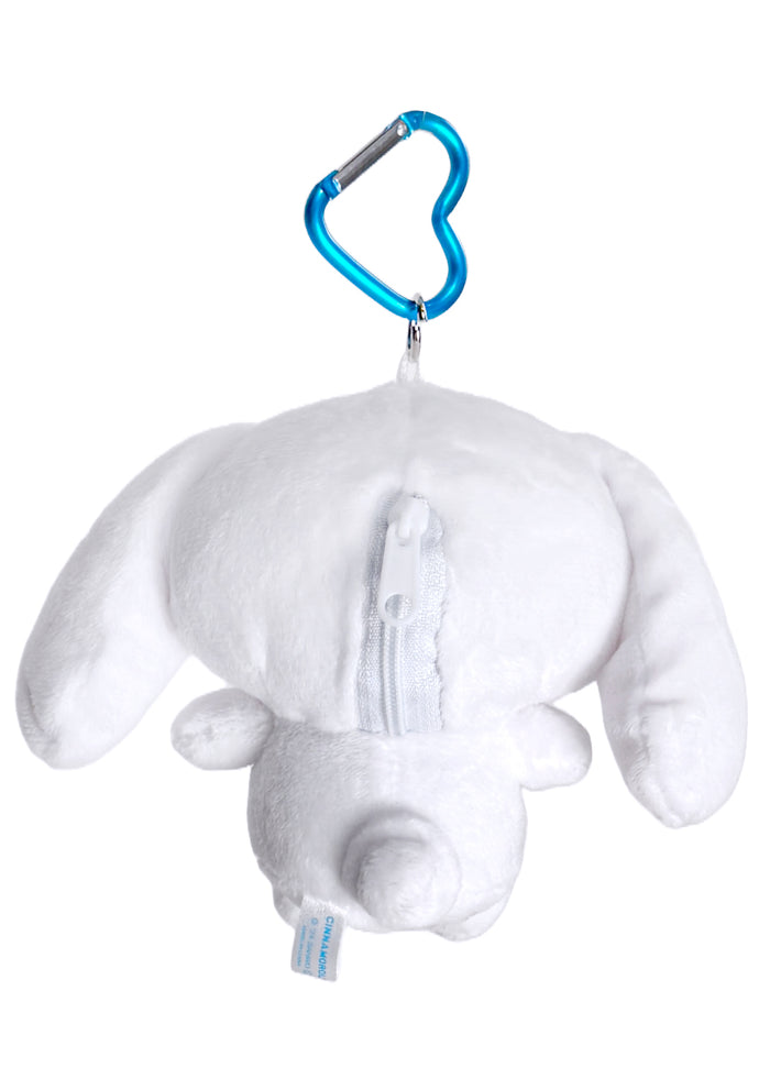Sanrio Cinnamoroll Plush Mascot Carabiner Pouch in white with 3D Cinnamoroll plush on carabiner pouch festival accessory — back view